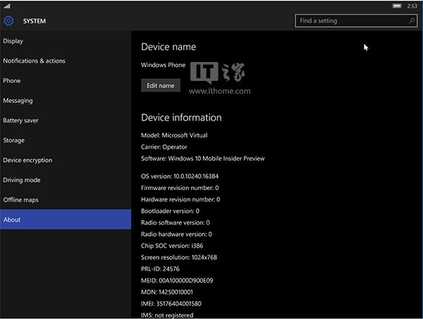版本号Windows10 Mobile  Build  10240.16384
