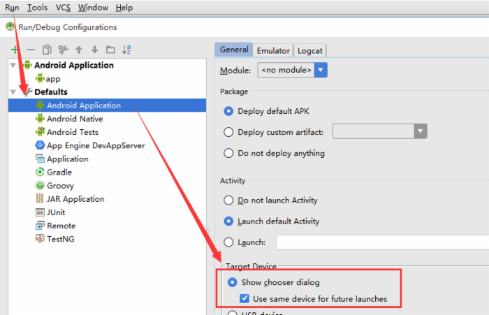 勾选 Show  chooser  dialog  和 Use  same  device  for  future  launches