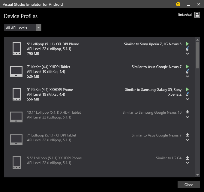 安装重启后打开 Visual  Studio  Emulator  for  Android