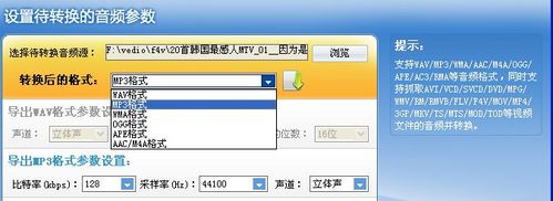 设置待转换的音频参数