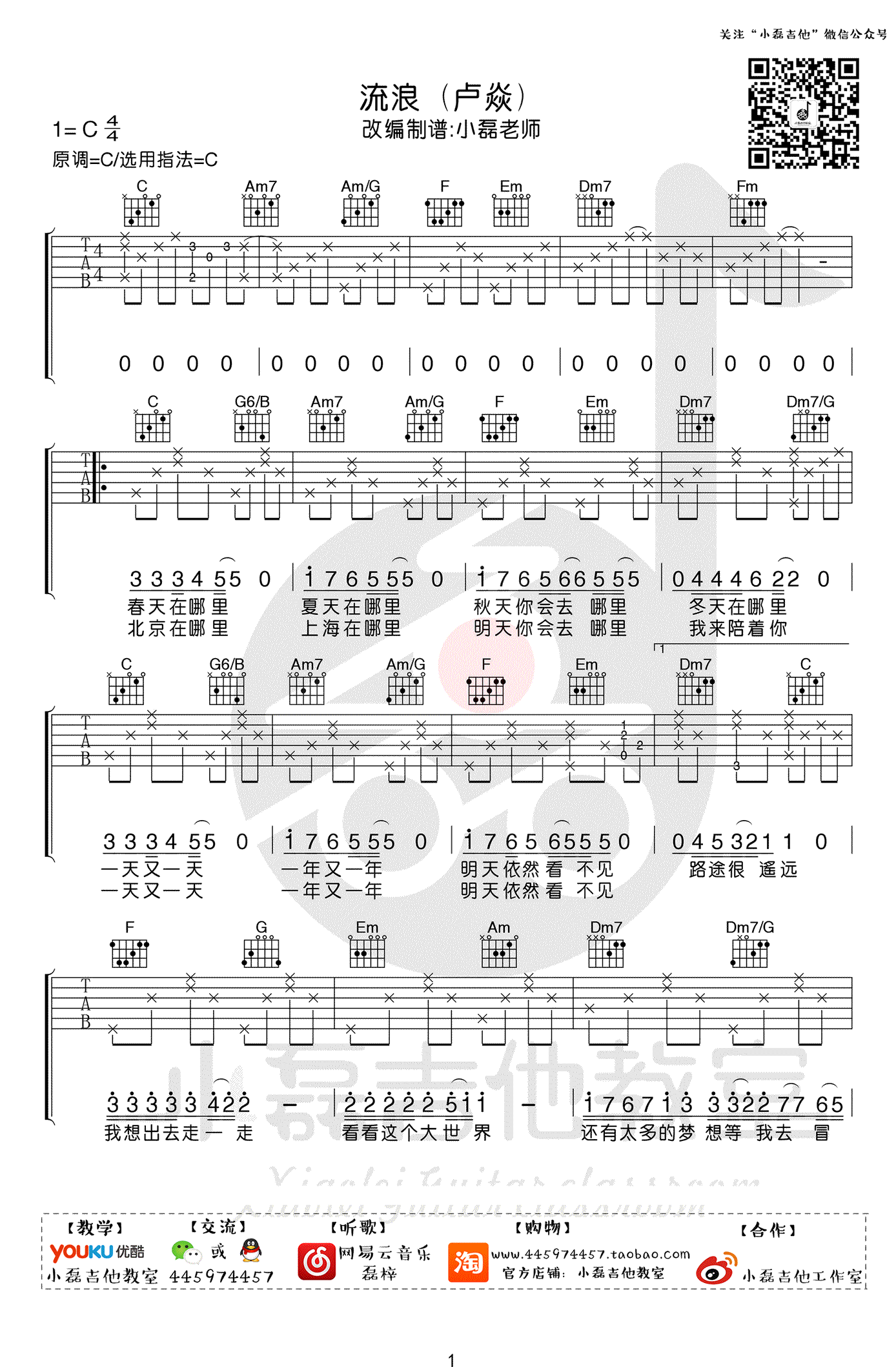 卢焱流浪吉他谱-六线谱原版-C调简单版抖音歌曲吉他弹唱教学
