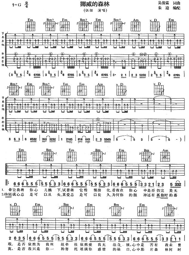 挪威的森林吉他谱-伍佰六线谱原版-版本一高清简单图片谱