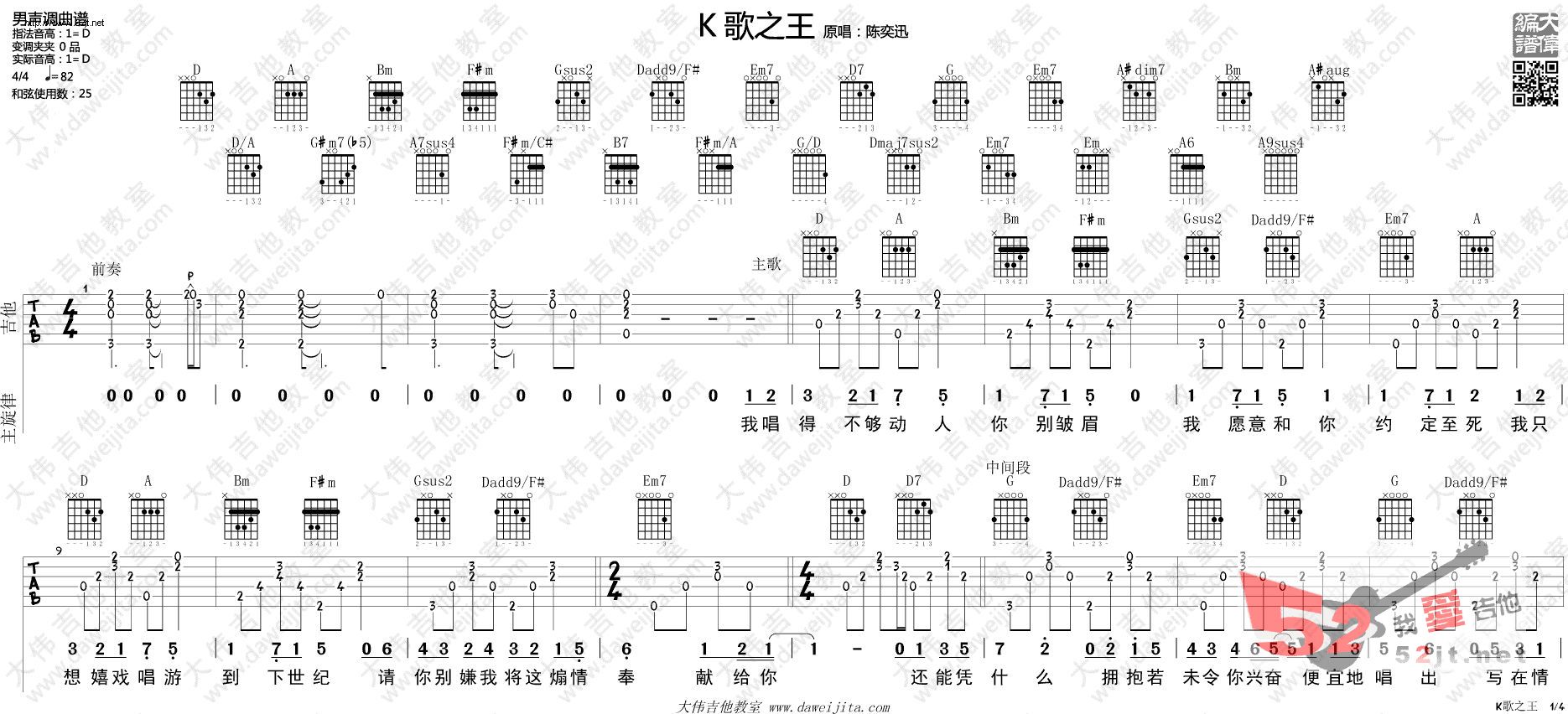 K歌之王吉他谱-陈奕迅六线谱原版-版吉他谱视频高清简单图片谱